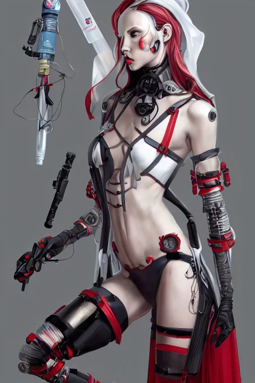 Prompt: covid - 1 9 nurse holding a syringe, wearing nurse bikini armor, black and white and red bodysuit, cyberpunk, neo - gothic, by tom bagshaw and alphonse mucha and atey ghailan and artgerm and and greg rutkowski and hajime soriyama, ultra detailed, hyper realistic, octane render, trending on artstation