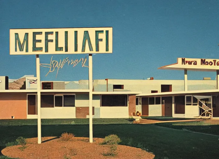 Image similar to a midcentury modern motel in santa fe new mexico in the year 1 9 6 7