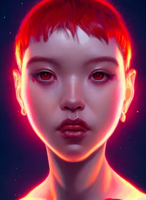 Image similar to portrait of alien girl kawaii, red short hair, jock, beefy, wide face, square jaw, square facial structure, intricate, elegant, glowing lights, highly detailed, digital painting, artstation, concept art, sharp focus, illustration, art by wlop, mars ravelo and greg rutkowski