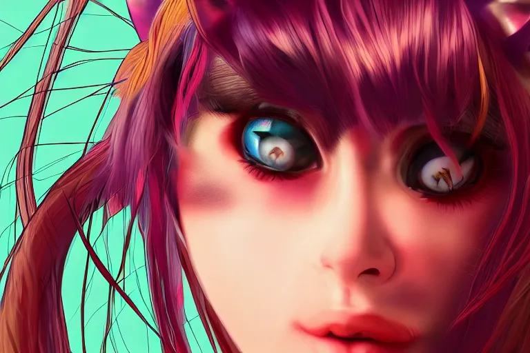 Image similar to girl with cat ears, psychedelic, lsd, trending on artstation, anime style, close up portrait, 4 k