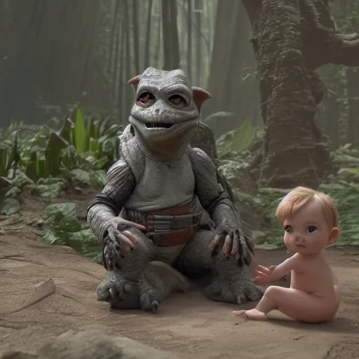 Prompt: Film still of Baby Dragon sitting next to Grogu on Dagobah, from The Mandalorian (2019)