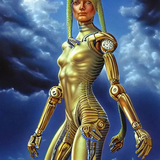 Image similar to humanoid female robot, highly detailed, expressive eyes, beautiful symmetric body, perfect proportions, highly intricate, art by boris vallejo and alex gray