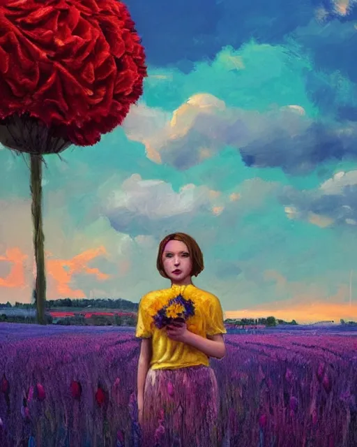 Image similar to girl with a giant carnation as face, surreal photography, flower field, sunset dramatic light, impressionist painting, colorful clouds, blue sky, digital painting, artstation, simon stalenhag