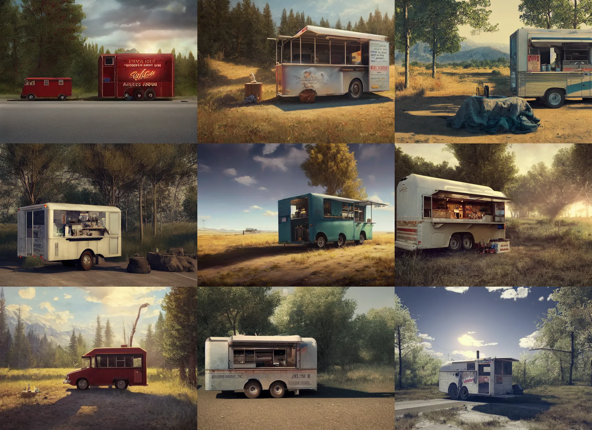 Prompt: lone food truck in the middle of nowhere. epic cinematic hyperrealism masterpiece. realistic poster with shaded lighting by craig mallismo, artgerm, jeremy lipkin and michael garmash, unreal engine, radiant light, detailed and complex environment, octane photoreal 3 d render, art station trends