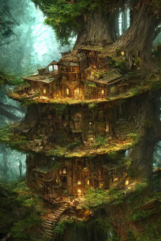 Image similar to a miniature city built into the trunk of a single colossal tree in the forest, with tiny people, in the style of craig mullins, lit windows, close - up, low angle, wide angle, awe - inspiring, highly detailed digital art