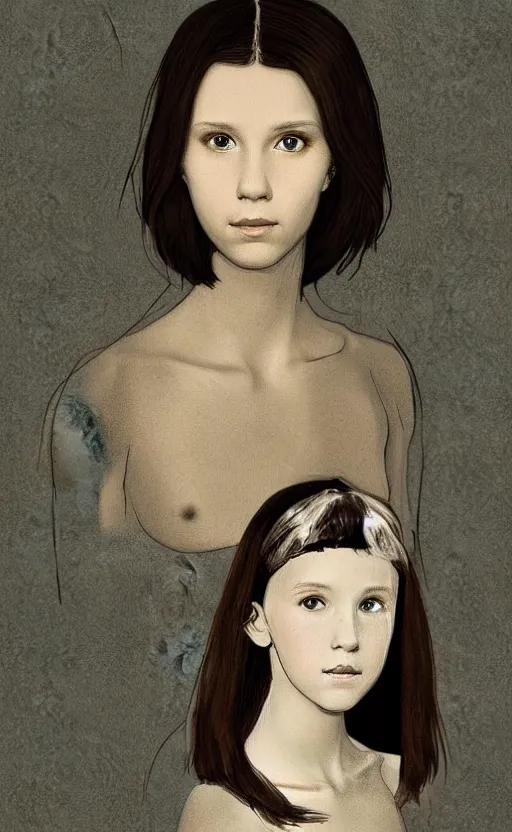 Image similar to millie bobby brown painted by leonardo da vinci in an anime style