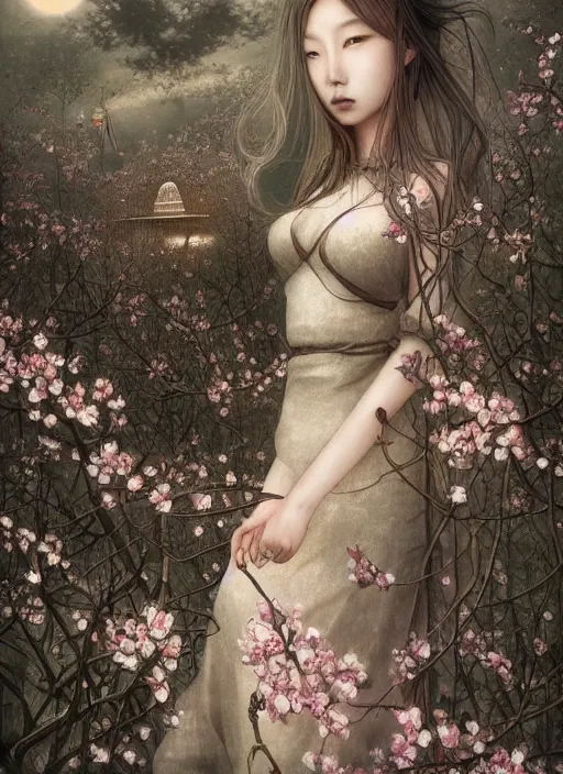 Prompt: Lee Jin-Eun by Andrew Ferez, rule of thirds, seductive look, beautiful, in intergalactic HQ with sakura trees