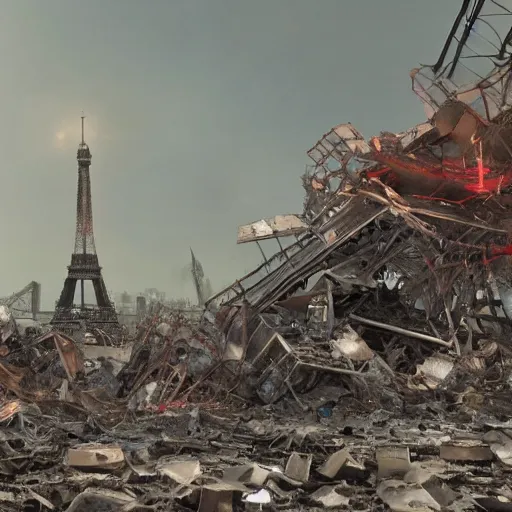 Image similar to A beautiful intricate 8K award-winning ground-level cinematic movie photograph of the future rusting rubble of the fallen and decimated Eiffel Tower, lying in pieces on the ground, surrounded by neon and collapsing corporate video billboard displays. in the year 2050, by Bruno Delbonnel and greg rutkowski. octane render, Arri Alexa 65. Cinematic lighting