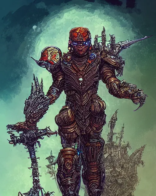 Prompt: a tiny warrior kid with a massive gauntlet, smooth, intricate, elegant, digital painting, artstation, concept art, sharp focus, illustration, art by philippe druillet,