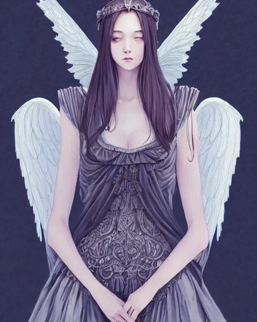 Image similar to an infinitely detailed portrait of a frail and pale female peace angel fully clothed. elegant clothes full - body, beautiful! scenery art!! coherent! by wlop & murata range, by ilya kuvshinov. victorian armor. artstation!! / pixiv!! elegantly armored angel portrait full - body, dreamy art