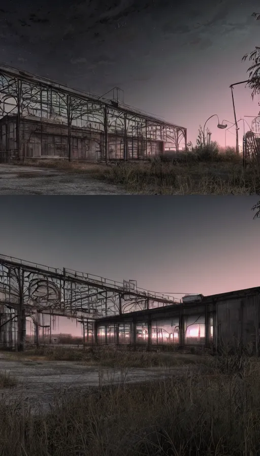 Image similar to a beautiful photorealistic highly detailed abandoned industrial architecture architecture unfinished building nature game room by renzo piano, magic realism wilderness at dawn crystal at dusk at night laser tron nightsky hyperrealism desert reclaimed by nature vaporwave neon noir venus, archdaily, wallpaper, highly detailed, trending on artstation.