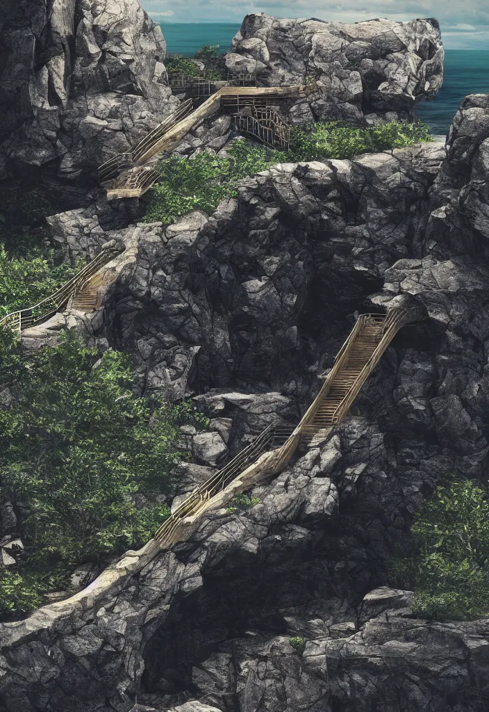 Image similar to kodak portra 4 0 0, photographic and realistic vast staircase carved into black rock cliff side, photorealistic, hyper detailed, 8 k, movie still, artstation, unreal engine,