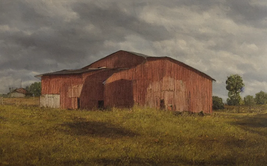 Image similar to a painting of an empty barn in summer, by peteris kalve, oil on canvas