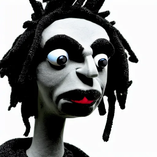 Image similar to a cartoon claymation medium close up sculpture of Playboi Carti, in the style of Tim Burton, black and white, high contrast