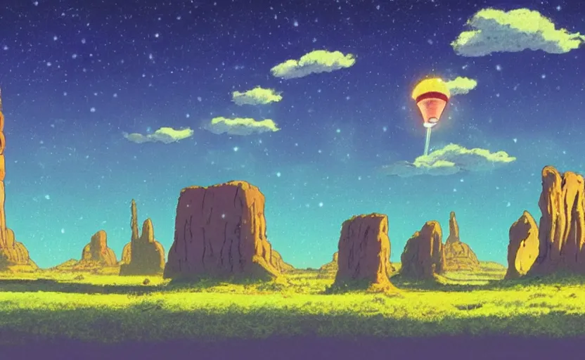 Image similar to a cell - shaded studio ghibli concept art from paprika ( 2 0 0 6 ) of a ufo from independence day ( 1 9 9 6 ) is shining a spotlight on a lush temple that looks like monument valley stonehenge jungle on a misty starry night. a giant camel is in the foreground. very dull colors, hd, 4 k, hq