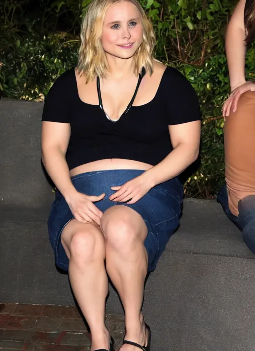 Image similar to chonky chubby kristen bell sitting with her fat belly and love handles sticking out of her shirt