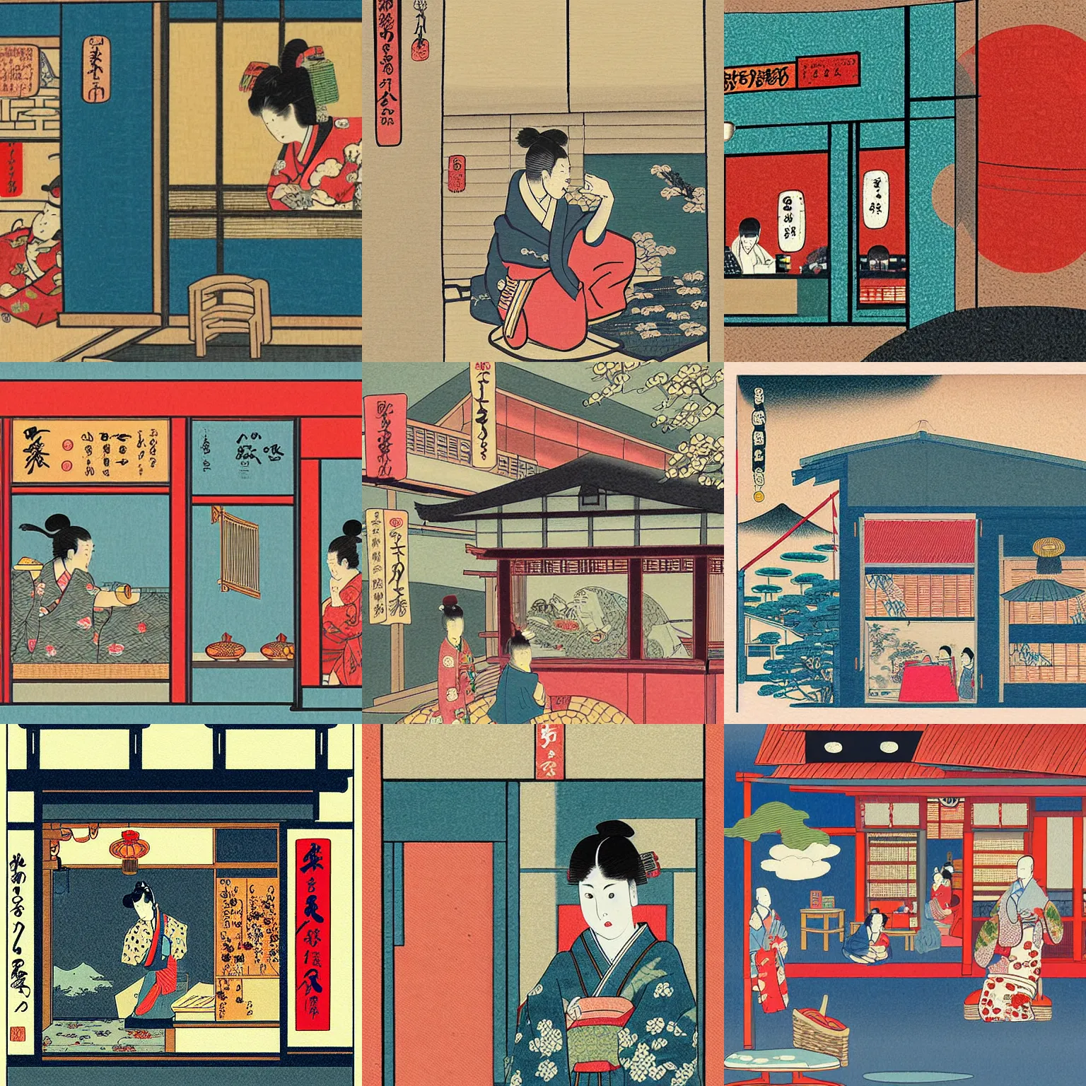 Prompt: a mini mart, japanese ukiyo - e style illustration by lauren ly