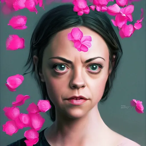 Image similar to pink petals with a ahape of a wonderful aubrey plaza and christina ricci and sarah hyland and mila kunis and olivia newton john, intricate, elegant, highly detailed, wonderful eyes, sweet, digital painting, artstation, concept art, smooth, sharp focus, illustration, art by artgerm and greg rutkowski and concept art