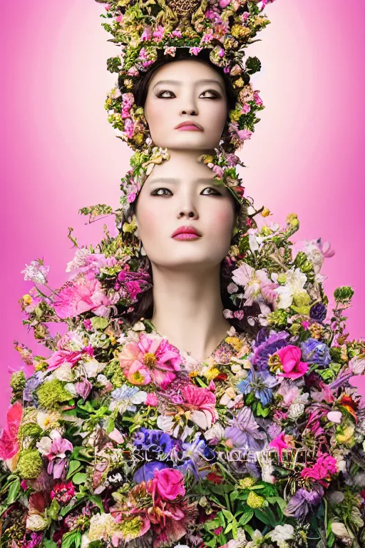 Image similar to a beautiful portrait of an empress in her garden, with a brilliant, impossible striking big flower headpiece, clothes entirely made out of flowers, symmetrical, closeup, dramatic studio lighting, rococo, baroque, jewels, asian, hyperrealism, D&D, fantasy, intricate, elegant, highly detailed, digital painting, artstation, octane render, 8k, concept art, matte, sharp focus, illustration, art by Artgerm and Greg Rutkowski and Alphonse Mucha