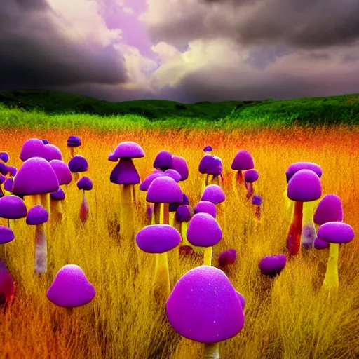 Prompt: a landscape of pink mushrooms, yellow flowers, orange grass, purple sun, grey sky