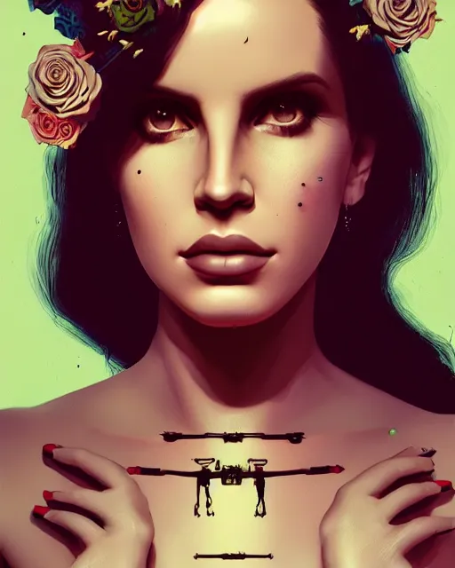 Image similar to portrait of lana del rey as a cyborg. intricate abstract. intricate artwork, tear drops, roses, crucifix, by tooth wu, wlop, beeple, dan mumford. concept art, octane render, trending on artstation, greg rutkowski, symmetrical, cinematic, key art, hyper realism, iridescent accents