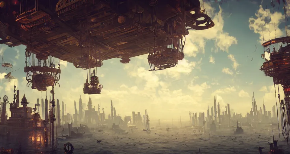 Image similar to floating steampunk city in the sky, bioshock, intricate artwork by tooth wu and wlop and beeple, octane render, hyper realism, 8 k