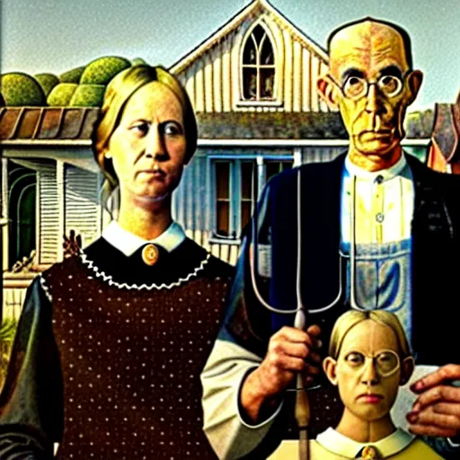 Image similar to american gothic with bananas for tines