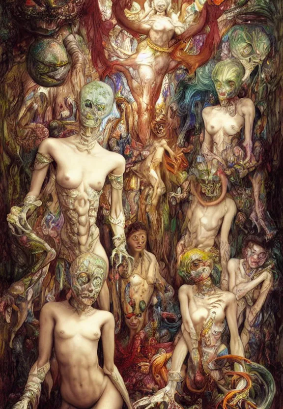 Image similar to simplicity, colorful muscular eldritch mannequins dolls radiating town fractal, white bones, colorful gems, by h. r. giger and esao andrews and maria sibylla merian eugene delacroix, gustave dore, thomas moran, pop art, chiaroscuro, biopunk, art nouveau