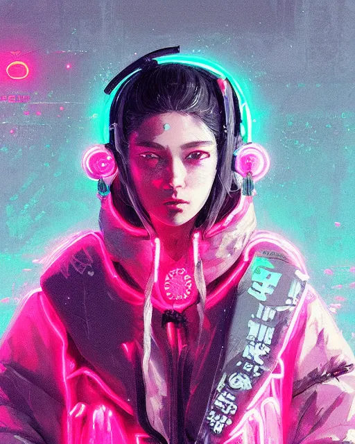 Image similar to detailed portrait Neon Operator Girl, cyberpunk futuristic neon, reflective puffy coat, decorated with traditional Japanese ornaments by Ismail inceoglu dragan bibin hans thoma greg rutkowski Alexandros Pyromallis Nekro Rene Maritte Illustrated, Perfect face, fine details, realistic shaded, fine-face, pretty face