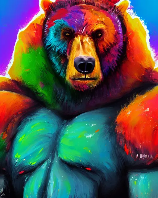 Prompt: a head and shoulder portrait of bear beast-man painted in the colorful and expressive style of Kotwdq, trending on Artstation 8k photorealistic