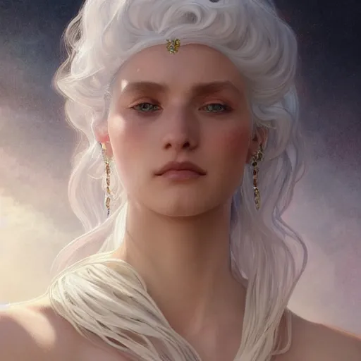 Prompt: god, non-binary, white hair, long hair, intricate, elegant, ethereal, highly detailed, digital painting, artstation, concept art, smooth, sharp focus, illustration, art by artgerm and greg rutkowski and alphonse mucha
