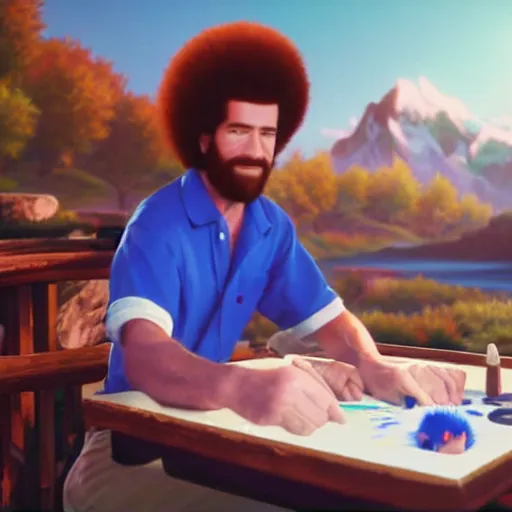 Image similar to a closeup photorealistic photograph of bob ross working on a canvas painting sonic the hedgehog. film still. mountain scape. brightly lit scene. this 4 k hd image is trending on artstation, featured on behance, well - rendered, extra crisp, features intricate detail, epic composition and the style of unreal engine.