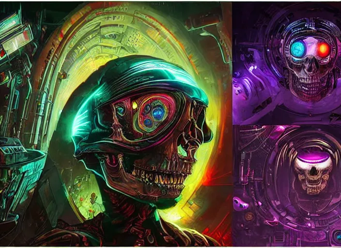 Image similar to a futuristic skull with glowing eyes and a wormhole tunnel cyberpunk art by android jones, cyberpunk art by dan mumford, featured on artstation, darksynth, synthwave