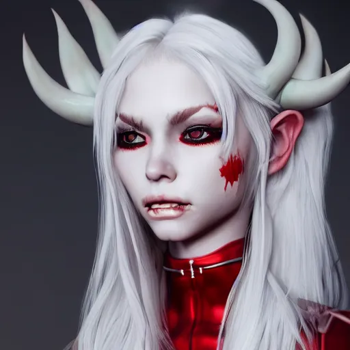 Prompt: a highly detailed portrait of a humanoid demon girl with white hair, red horns, in white clothes, artstation, deviantart, professional, unreal engine 5, photorealistic, digital art