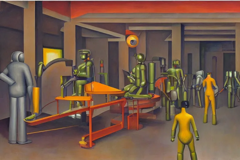 Prompt: drab slave human workers building robots, watched by fascist robots, brutalist factory, dystopian, art deco, pj crook, edward hopper, oil on canvas