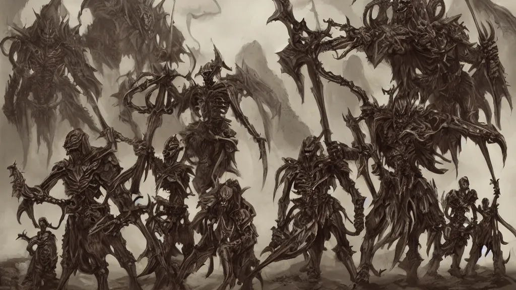 Prompt: A dungeons and dragons monster manual sketch of an army of skeleton warriors, concept art, matte painting, 8k, highly detailed, artstation