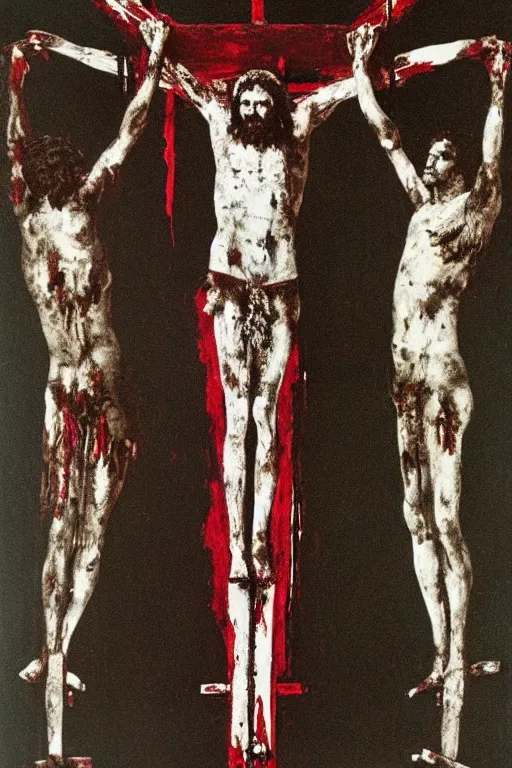 Image similar to bloody jesus christ crucified painted by cy twombly and andy warhol