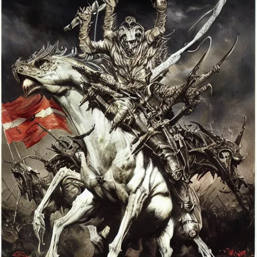 Image similar to an army of undead riding beasts with flag bearers and trumpeters, intricate detail, royo, vallejo, frazetta, giger, whealan,