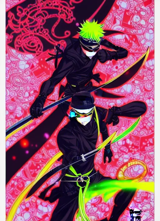 Image similar to exquisite imaginative fate manga poster design of ninja, ninja outfit, fluorescent, illustration, artstation, dark fantastic, highly detailed, 8 k, maximalist, by shigenori soejima, minaba hideo, katsuhiro otomo, jump comics