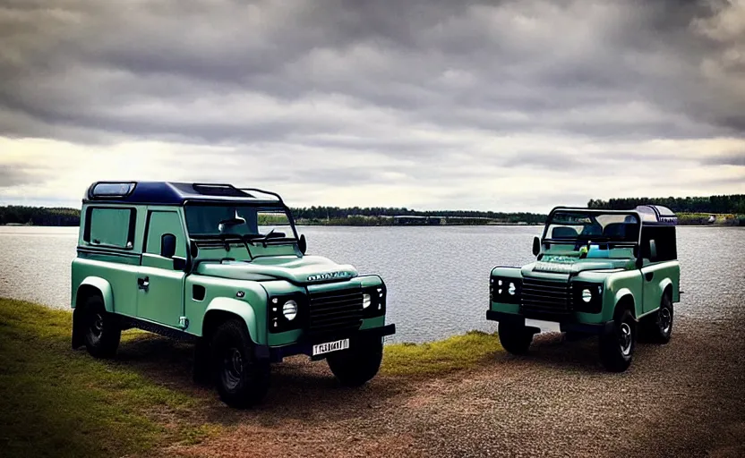 Image similar to “Blue Land Rover Defender in Porvoo in front of river. In the style of GTA 5.”