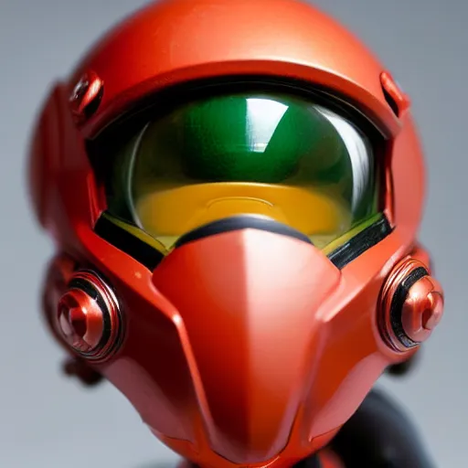 Image similar to helmet portrait of a figurine of samus aran's varia suit from the sci - fi nintendo videogame metroid. glossy. red round helmet, orange shoulder pads, green visor. shallow depth of field. suit of armor.