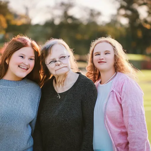 Image similar to , a young girl, a teen, a woman and a grandma post for a photo 5 0 mm lens, f 1. 4, sharp focus, ethereal, emotionally evoking, head in focus, volumetric lighting, blur dreamy outdoor,