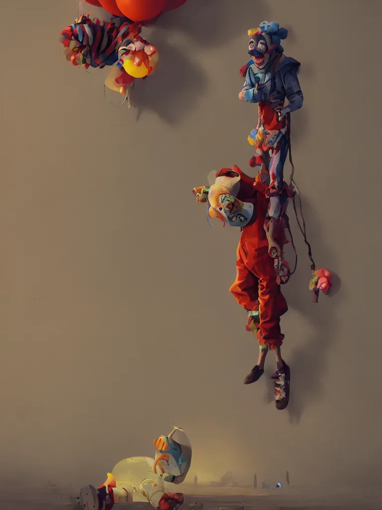 Image similar to a portrait of an helpless clown in a painting from stalenhag, 4 k, 8 k, hdr, artstation, concept art