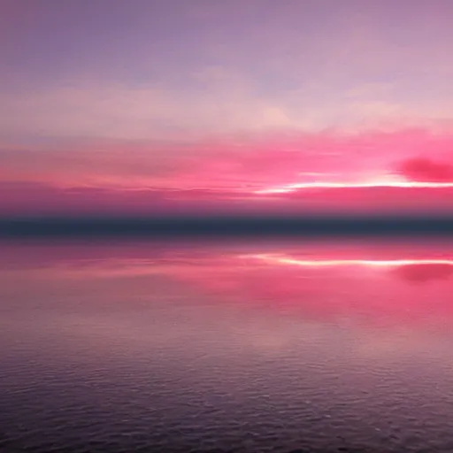 Image similar to dreamland blush colored sky with light feathery pink clouds on a reflective waveless flat open ocean reflecting the sky