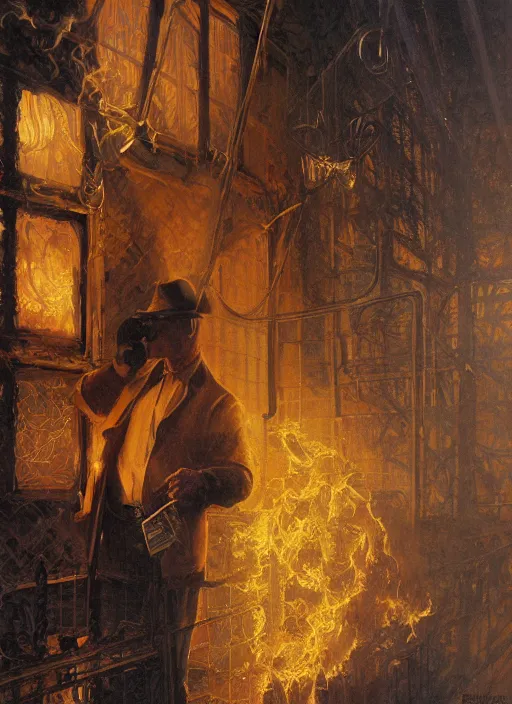 Image similar to A telemarketer made from fire and thick steam, torch shadows, foggy night, intricate, elegant, highly detailed, donato giancola, Joseph Christian Leyendecker, WLOP, Boris Vallejo, Artgerm