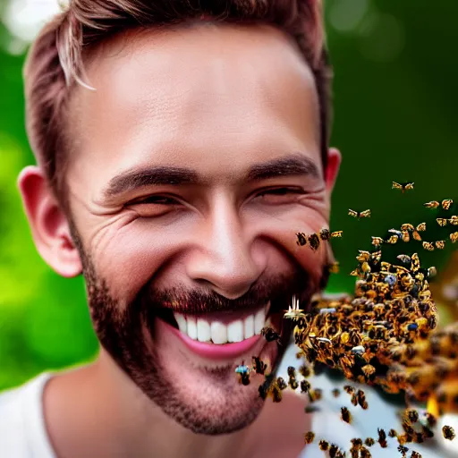 Image similar to photograph of smiling man with bees crawling out of his mouth, 8k resolution, high detail, ULTRA REALISTIC VFX, reflections