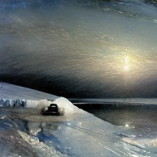 Image similar to car drifting on ice in the north pole. icebergs. toyota commercial. style of turner paintings