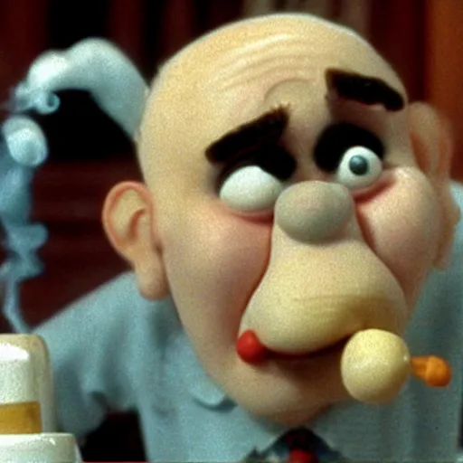 Image similar to Wallace smoking crack in a still from the movie A Grand Day Out (1989), Aardman Animations, claymation, 4k, high quality