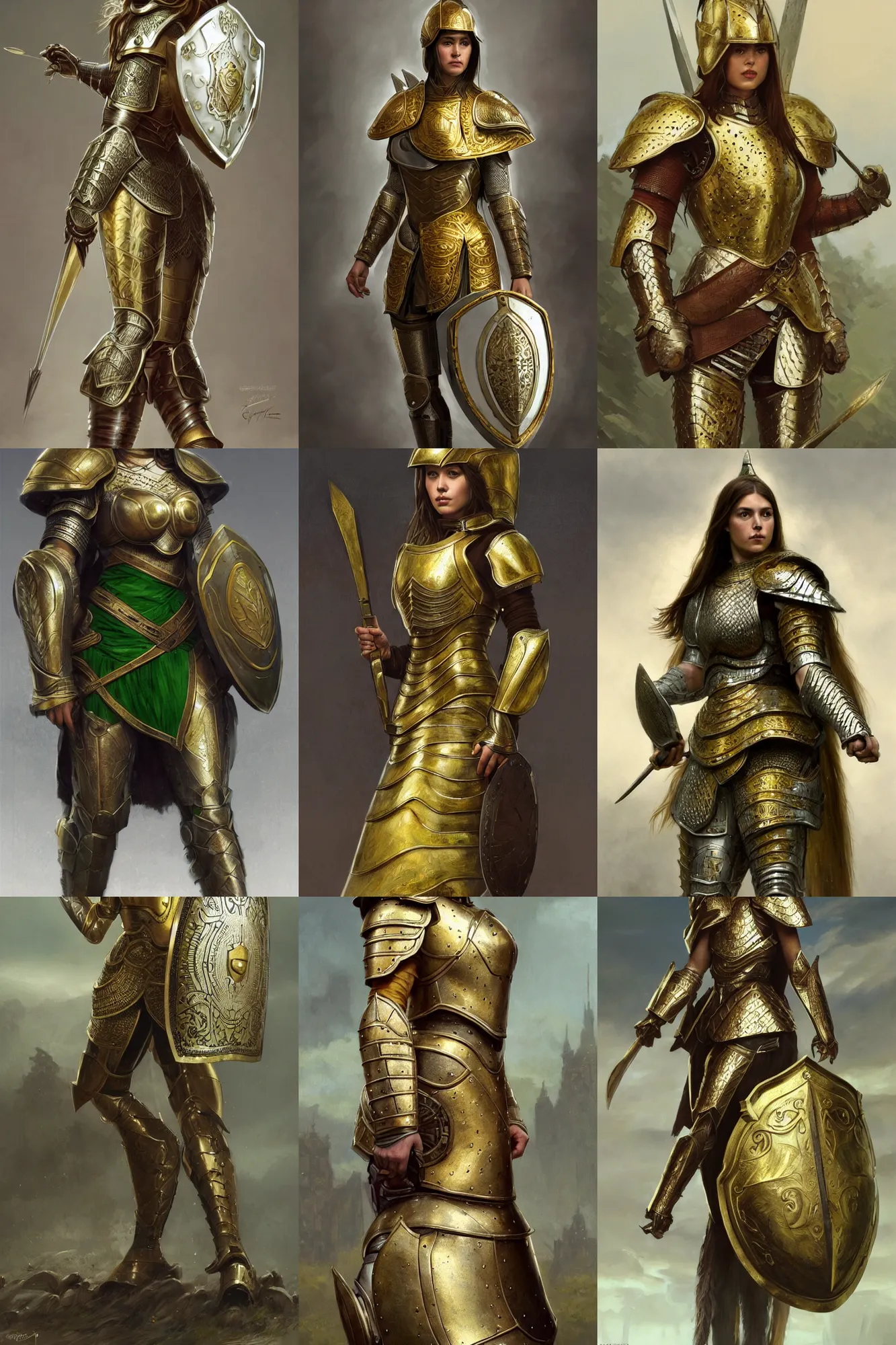 Prompt: full body portrait of a female warrior medium length brown hair and a very very highly detailed face wearing elegant golden plate mail armor intricately painted with green and white white accents, holding a rectangular tower shield, rendered in octane, artstation, cgsociety, realistic character concept art, sharp focus, by greg rutkowski, artgerm, and alphonse mucha