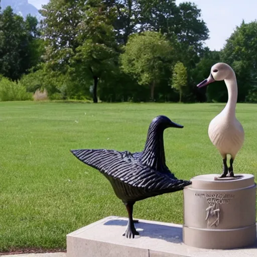 Image similar to a goose attacking a goose statue